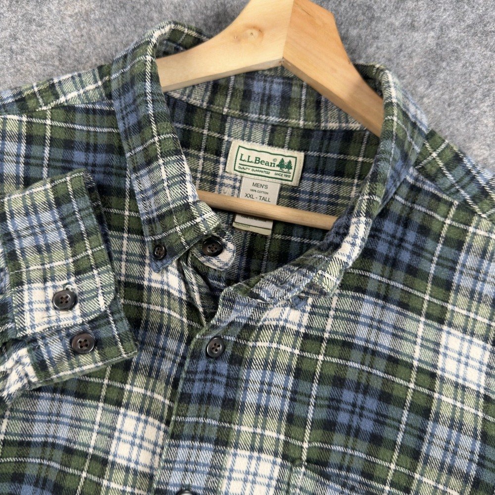 L.L.Bean Shirt Mens 2XLT Green Blue Plaid Flannel Long Sleeve Button Down Casual